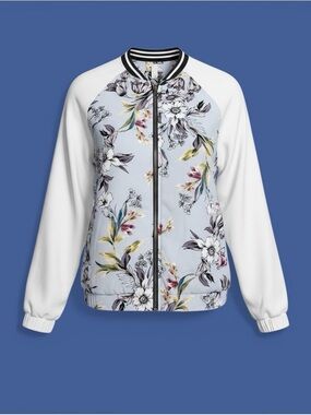 Hem & Thread Floral Bomber Jacket in Light Blue and White